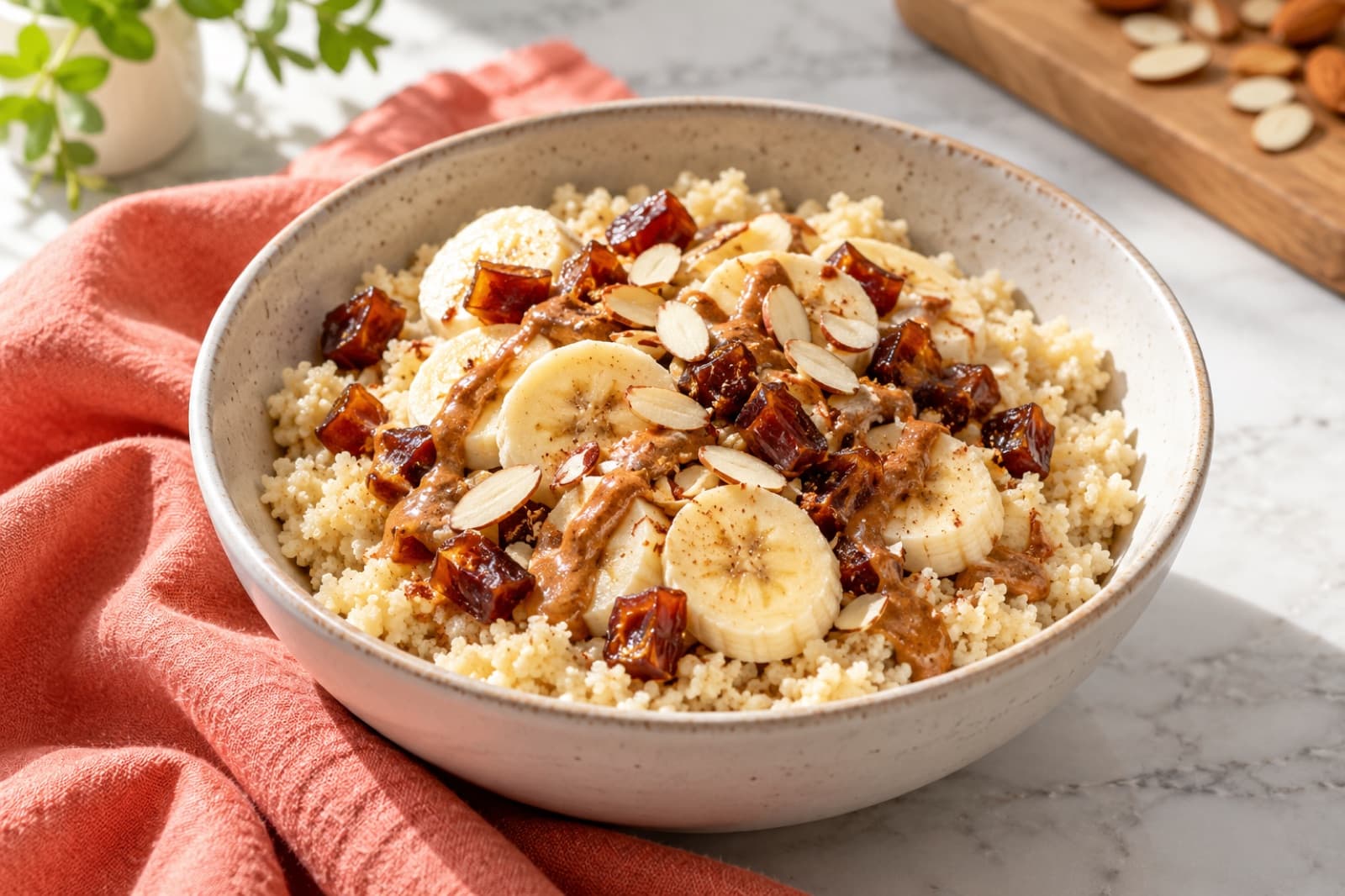 Photographic illustration of banana almond breakfast couscous