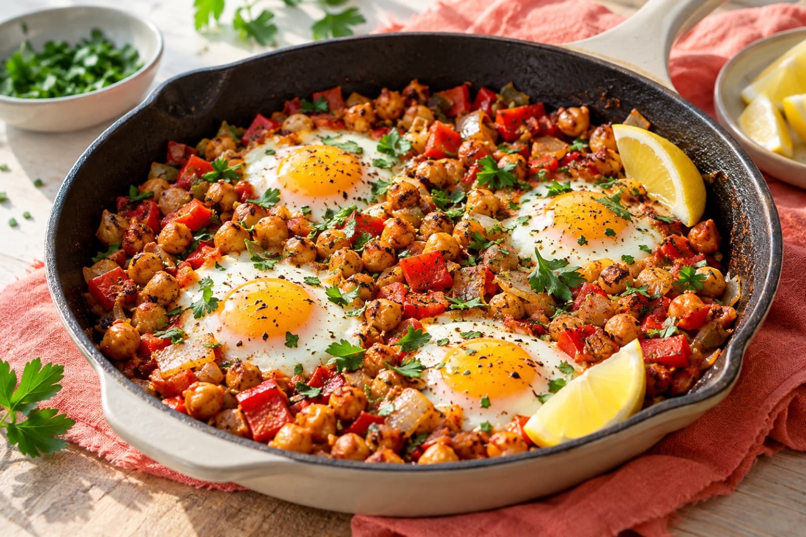 Photographic illustration of paprika chickpea breakfast hash