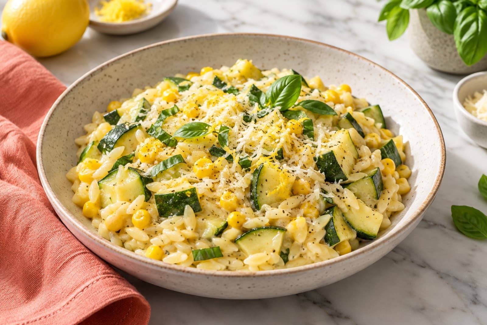 Photographic illustration of corn & zucchini orzo