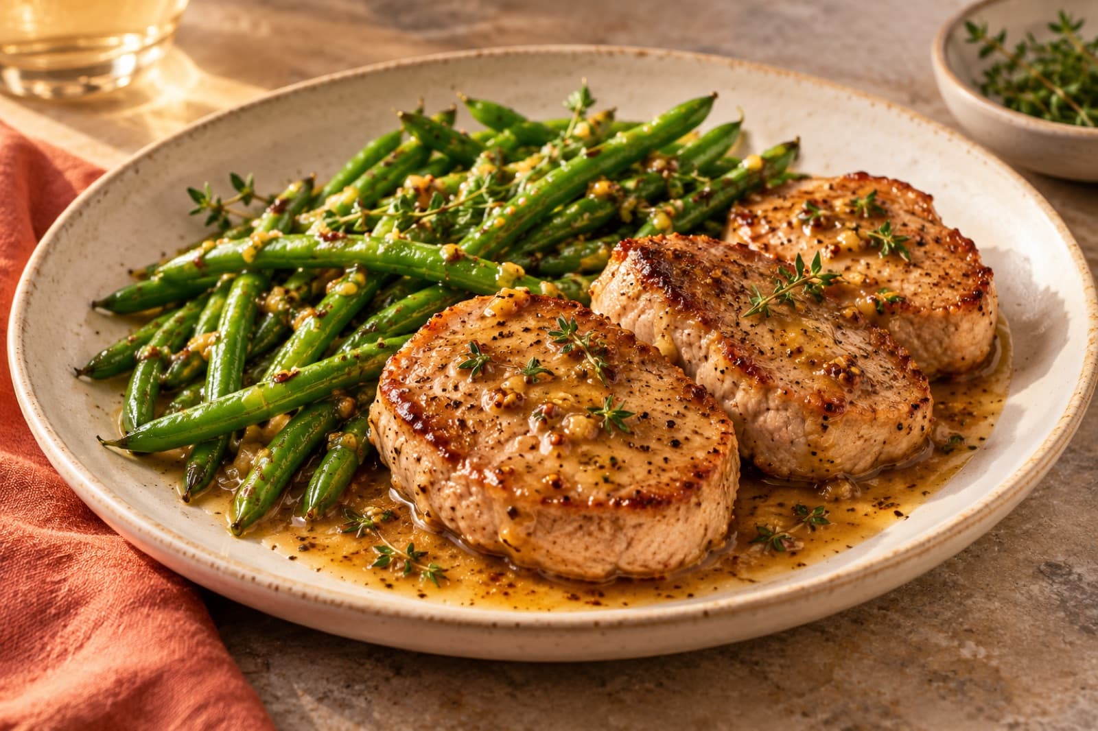 Photographic illustration of honey mustard pork with green beans