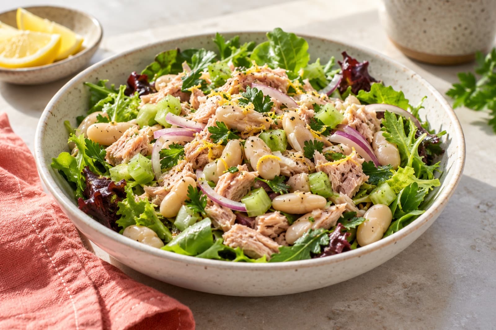 Photographic illustration of lemon tuna & white bean salad