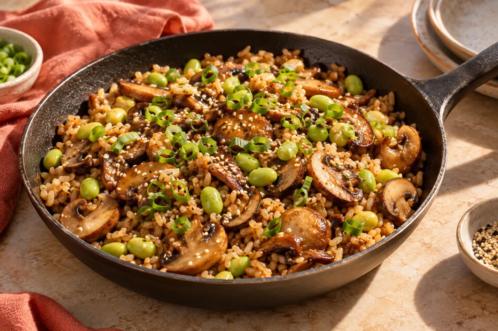 Photographic illustration of mushroom miso rice skillet
