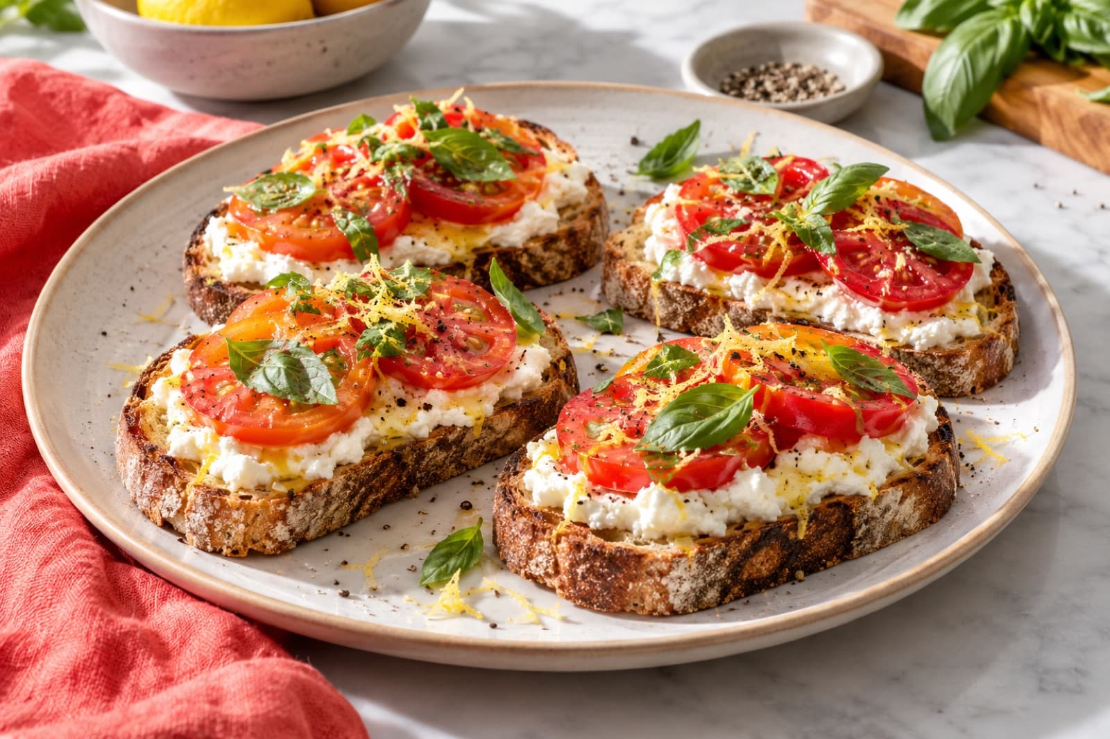 Photographic illustration of tomato ricotta breakfast toast