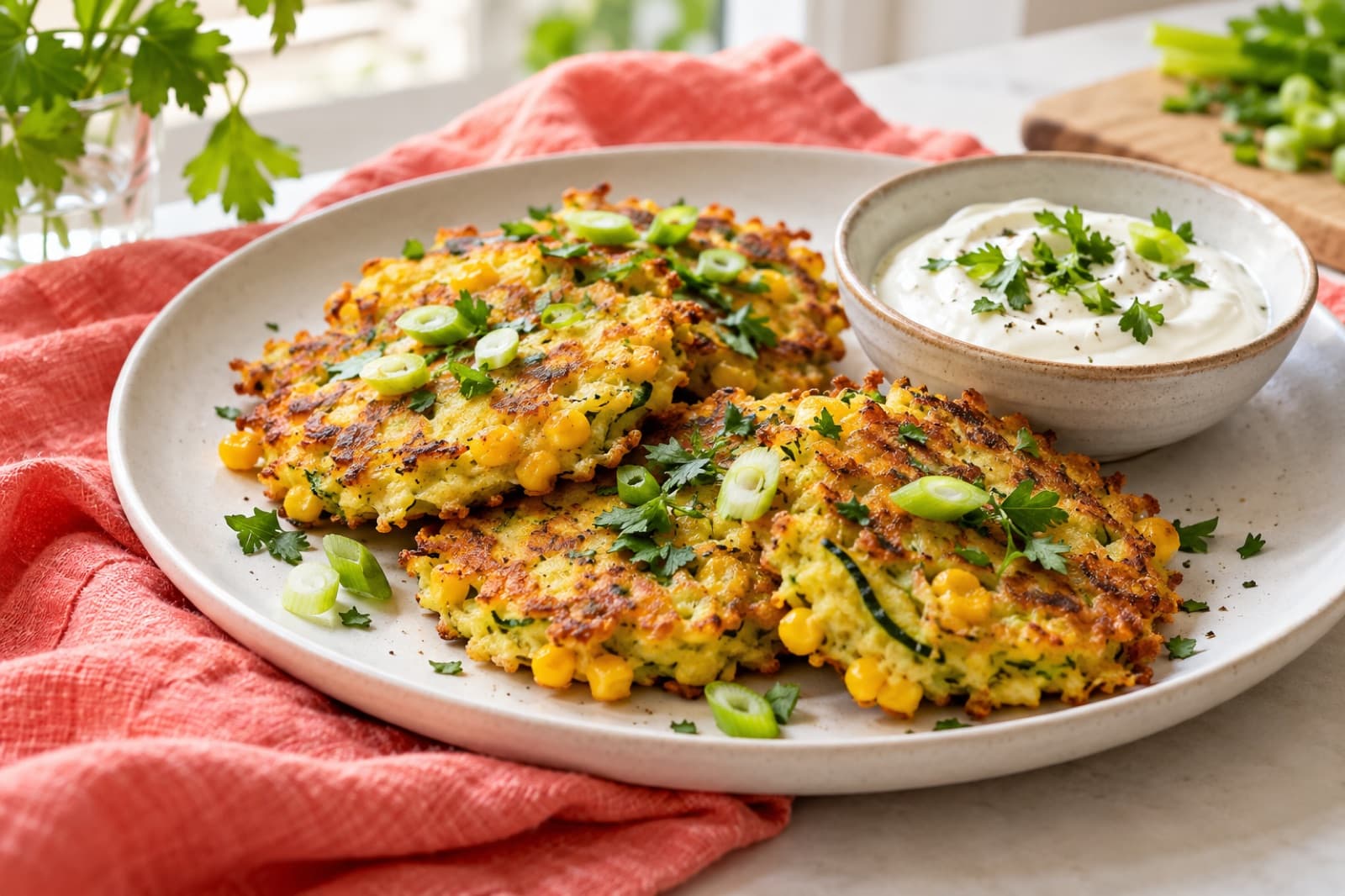 Photographic illustration of zucchini corn breakfast fritters