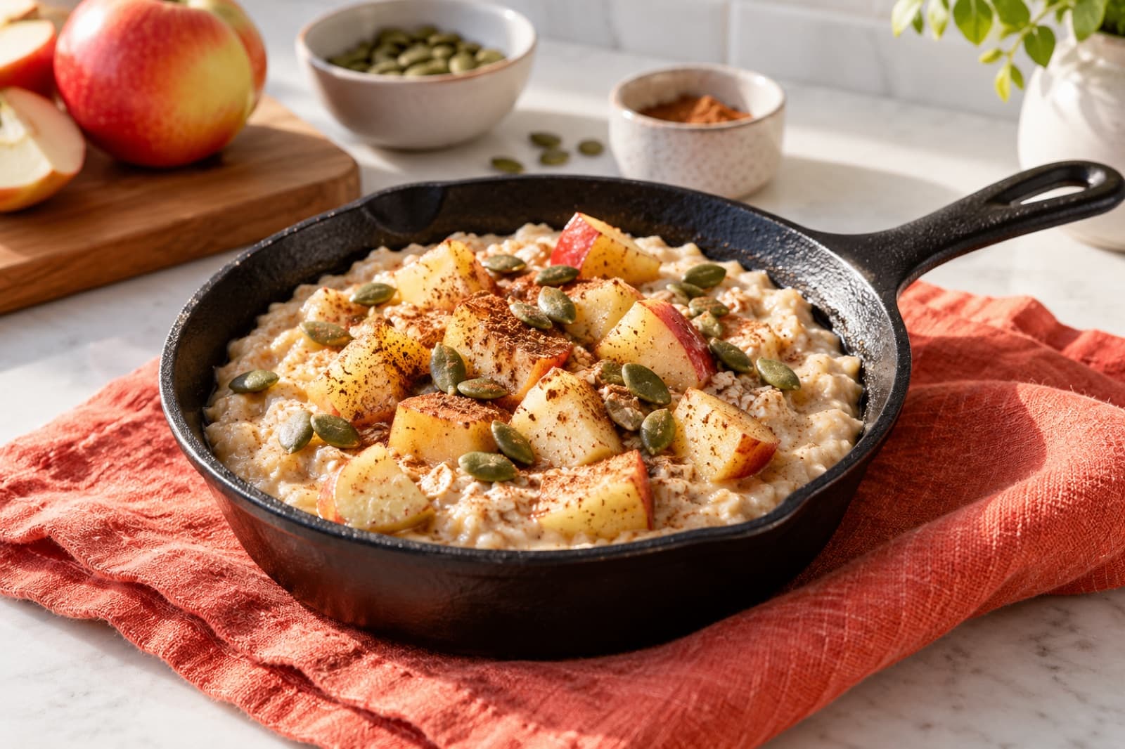 Photographic illustration of apple cinnamon oat skillet