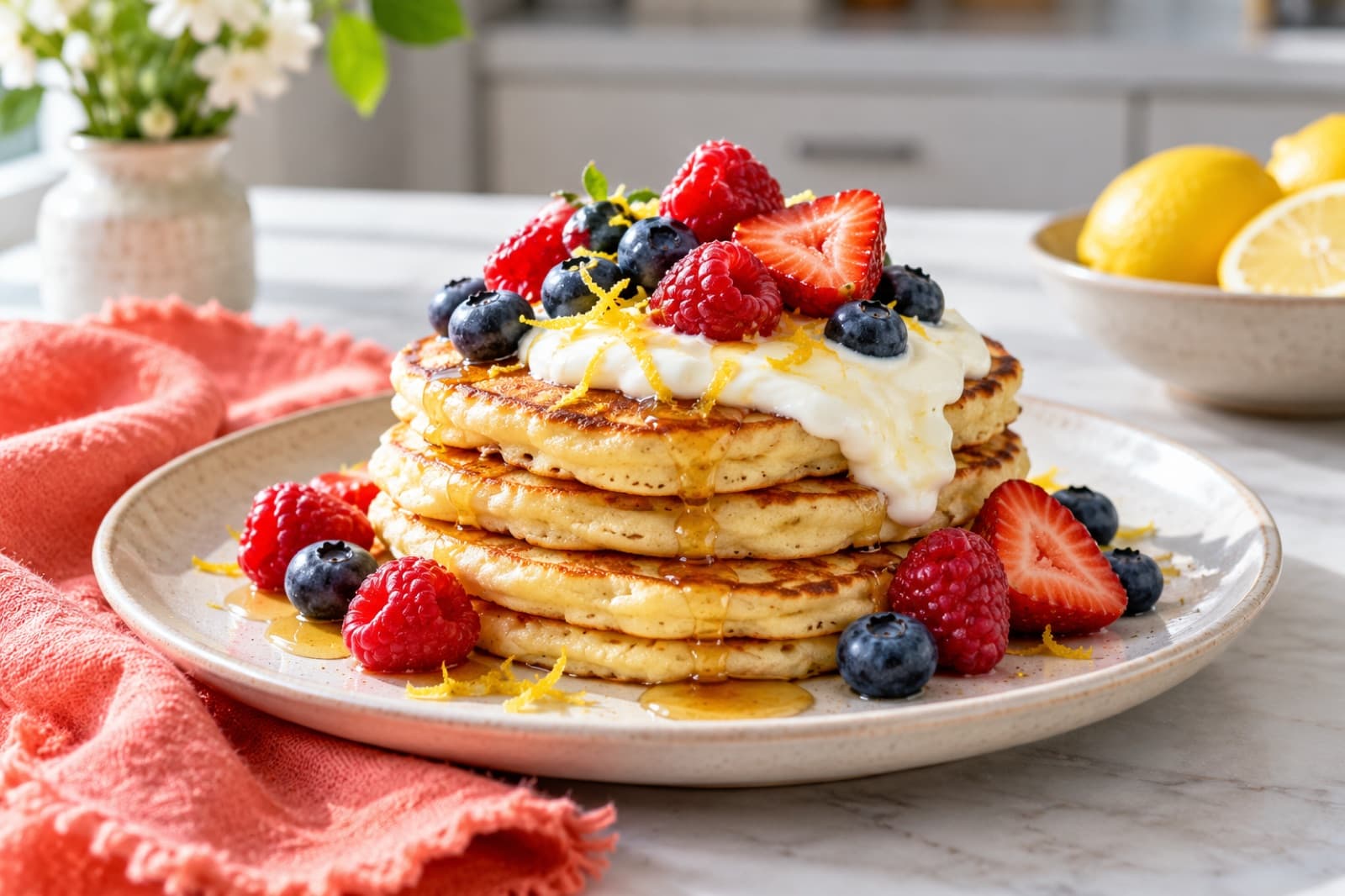 Photographic illustration of berry lemon yogurt pancakes