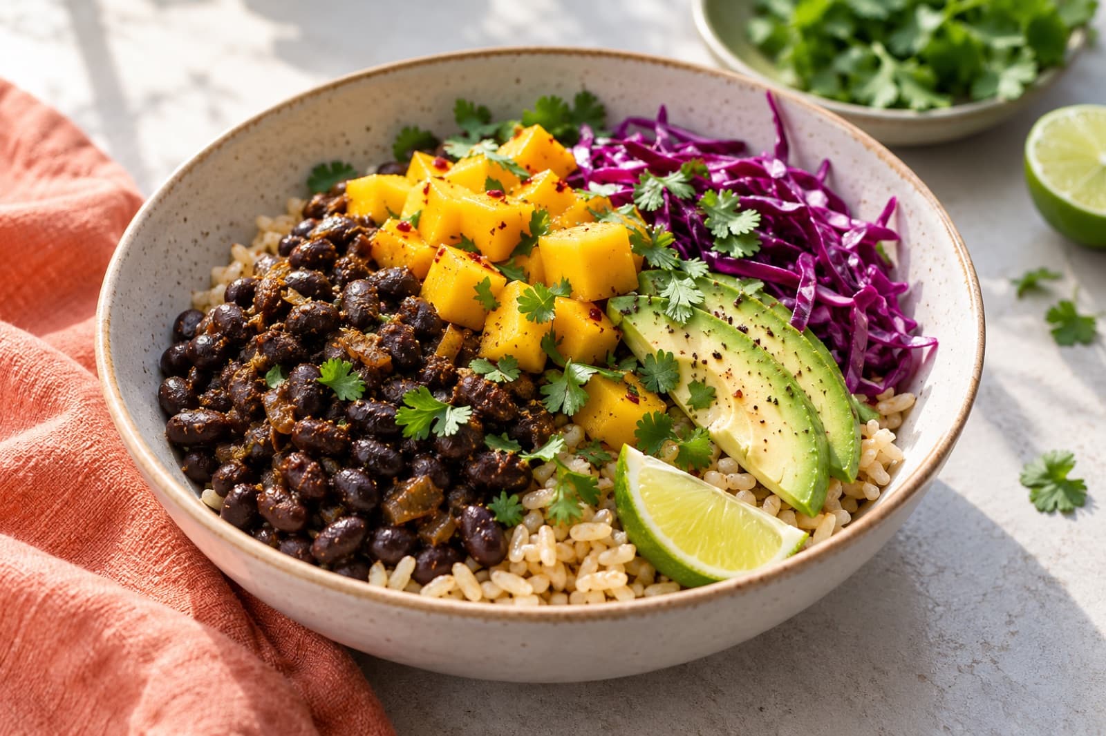 Photographic illustration of black bean mango rice bowls