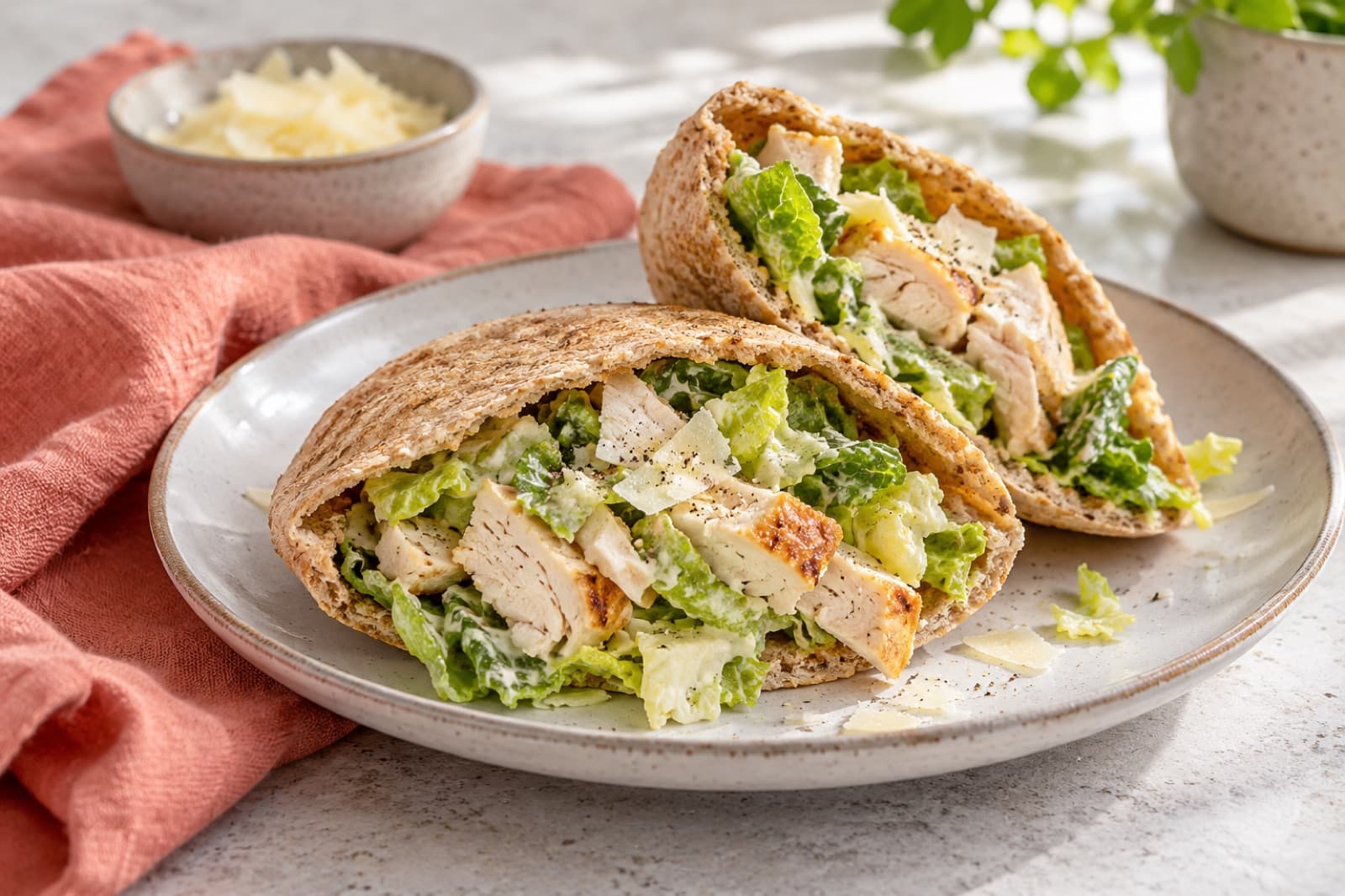 Photographic illustration of chicken caesar pita pockets