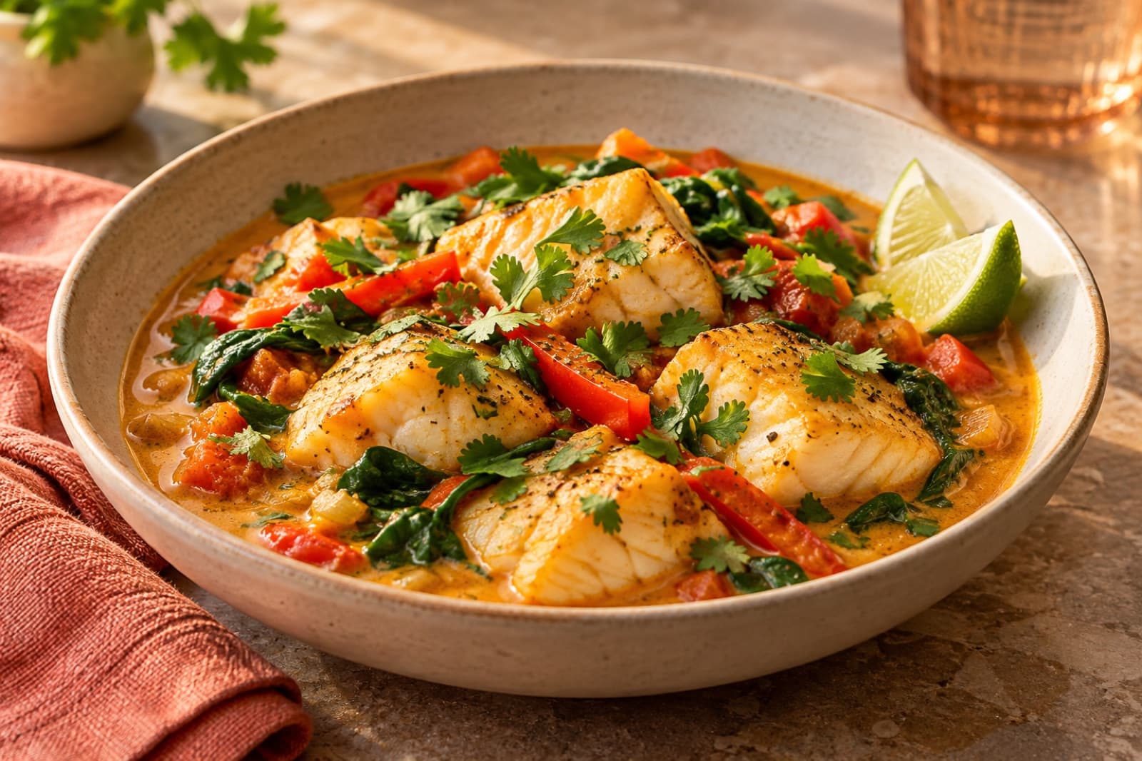Photographic illustration of coconut curry cod