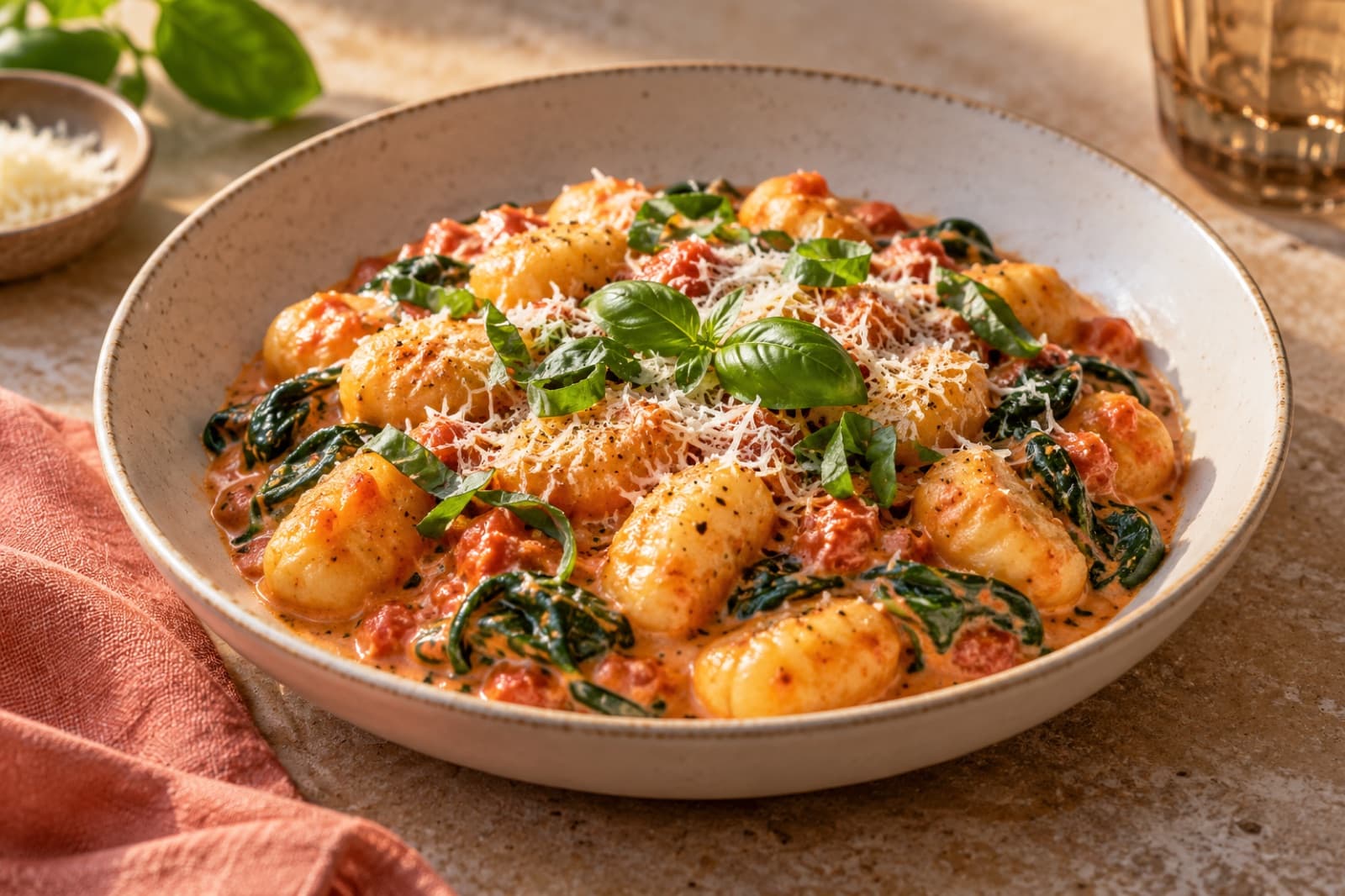 Photographic illustration of creamy tomato gnocchi with spinach