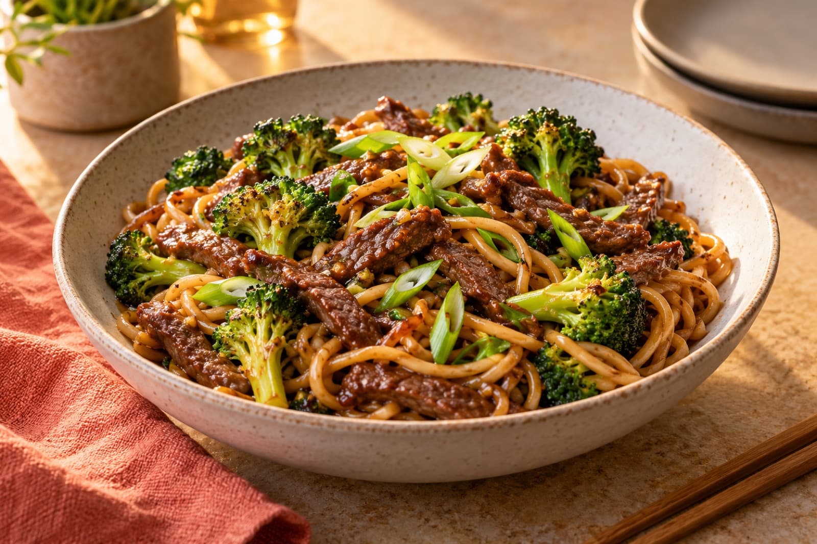 Photographic illustration of ginger beef & broccoli noodles