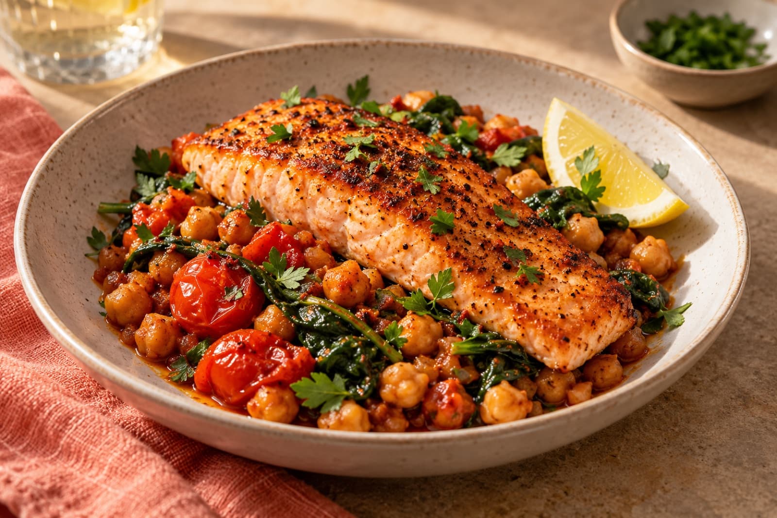 Photographic illustration of harissa salmon with warm chickpeas