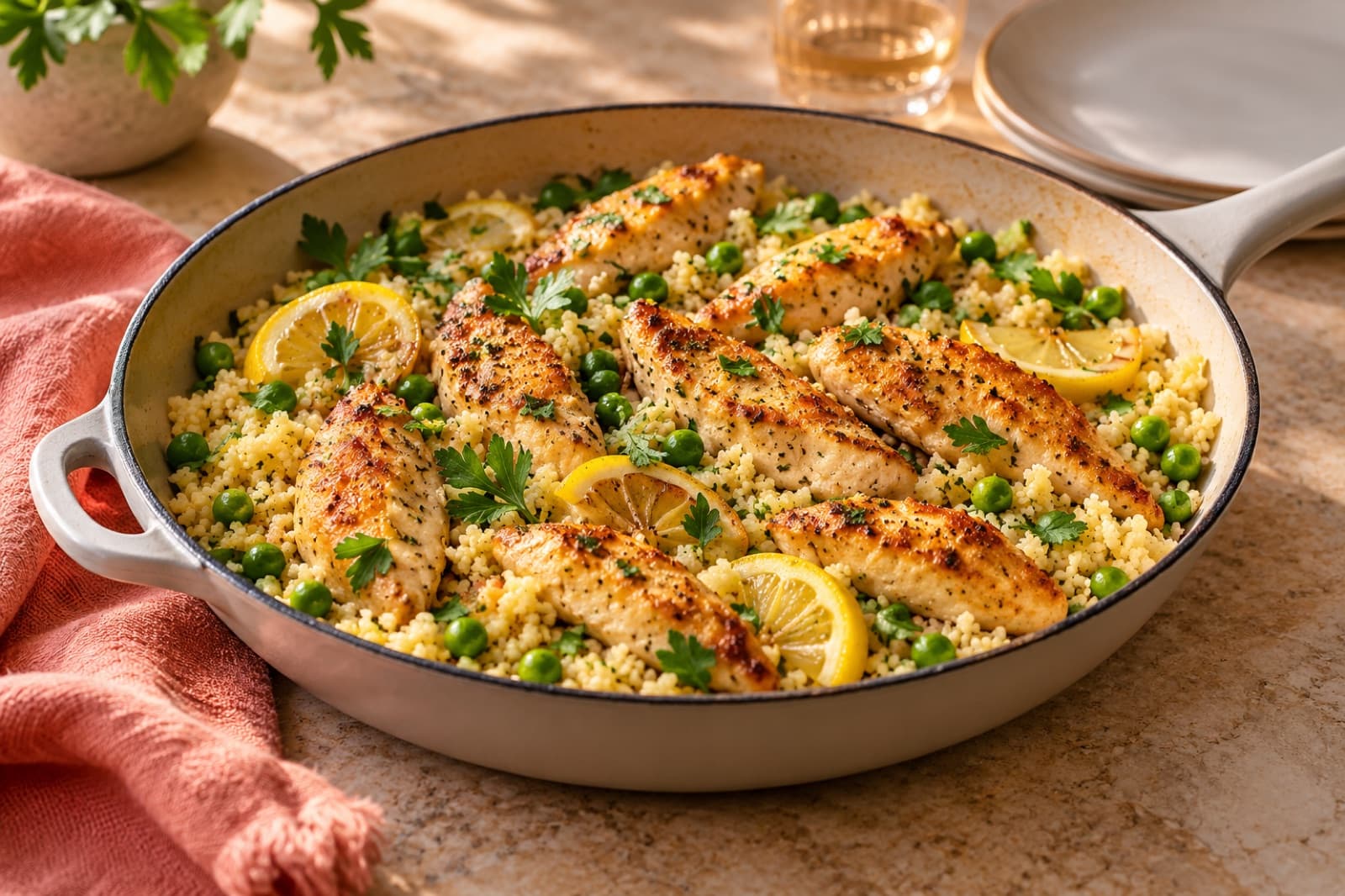 Photographic illustration of lemon chicken couscous skillet
