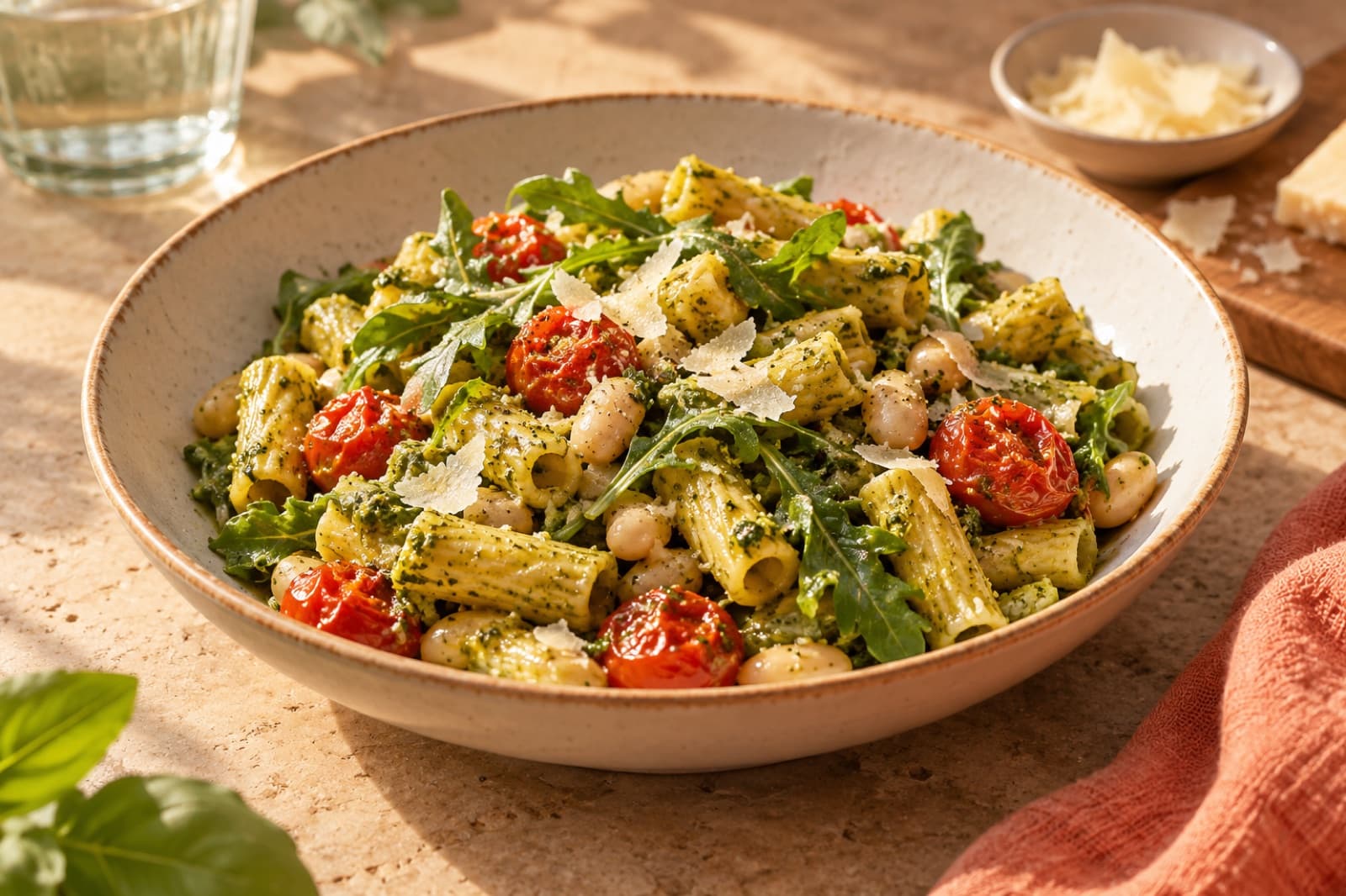 Photographic illustration of pesto white bean pasta