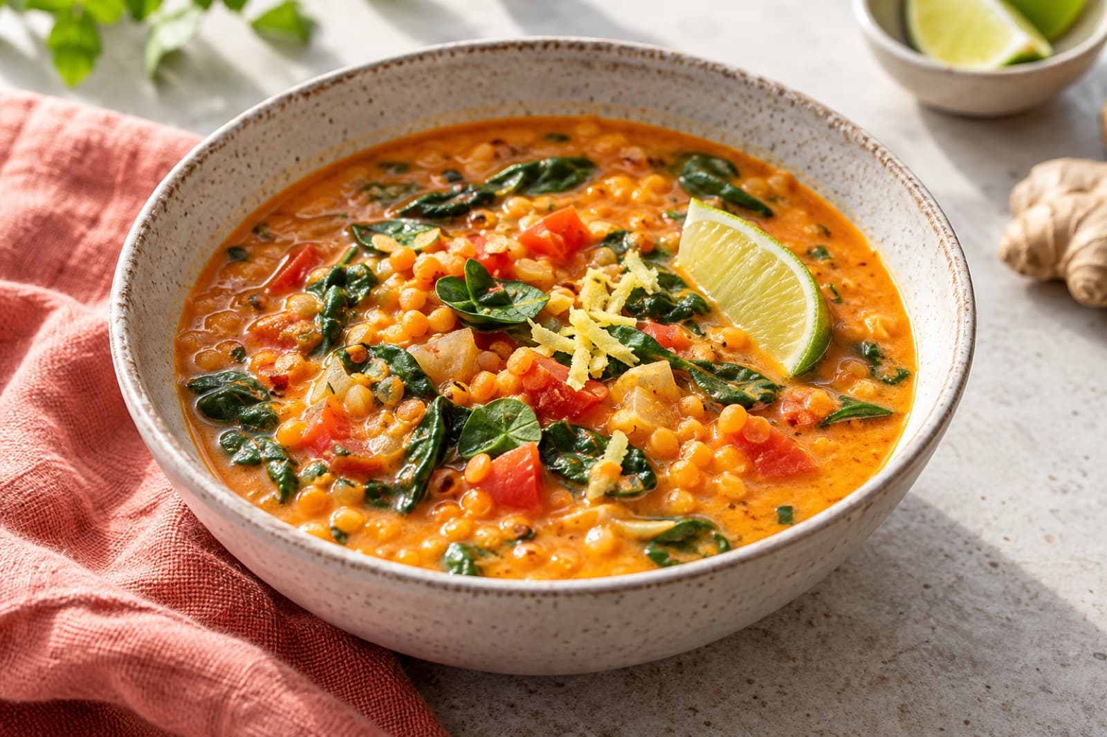 Photographic illustration of red lentil coconut soup