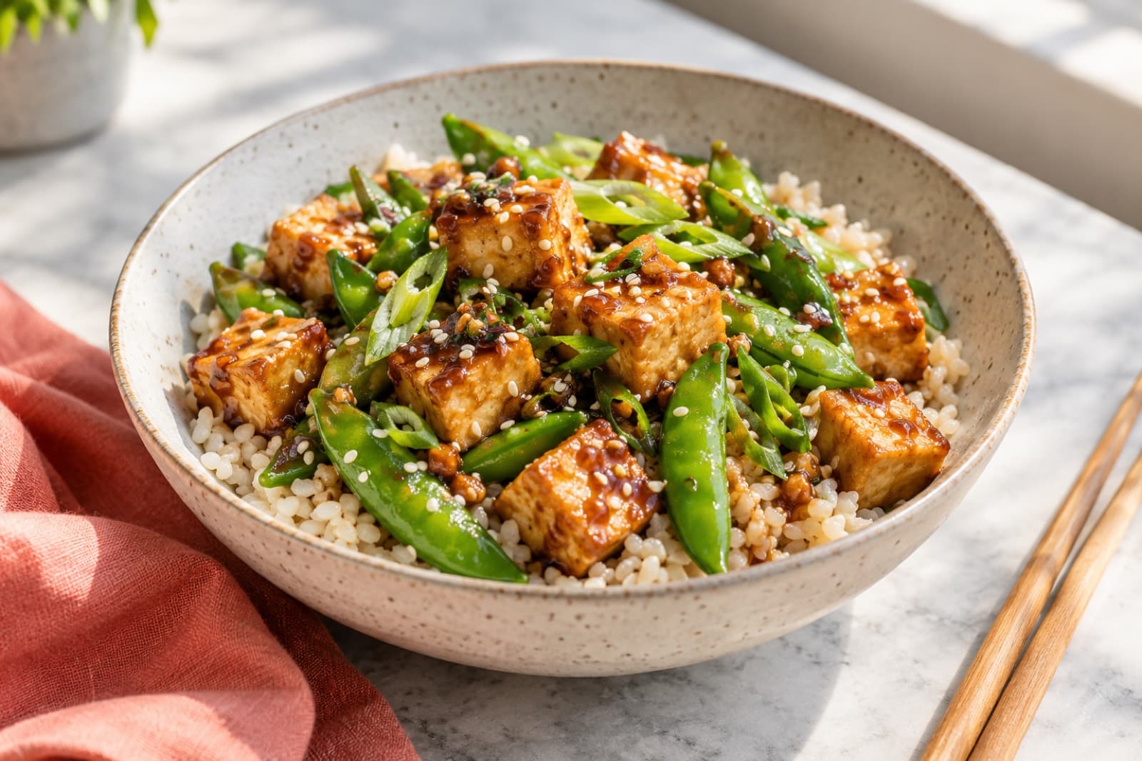 Photographic illustration of sesame tofu snap pea bowls