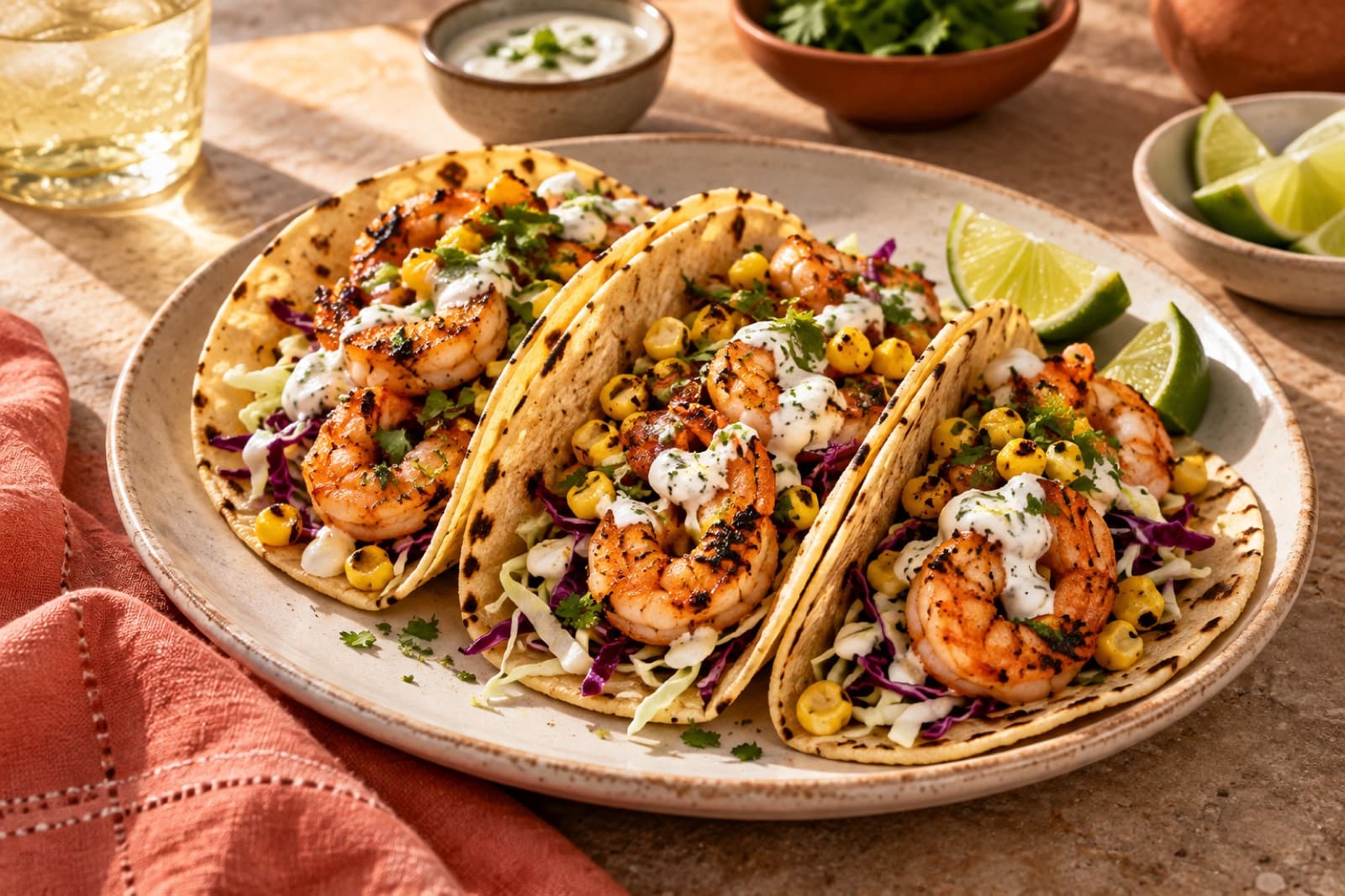 Photographic illustration of chili-lime shrimp & corn tacos