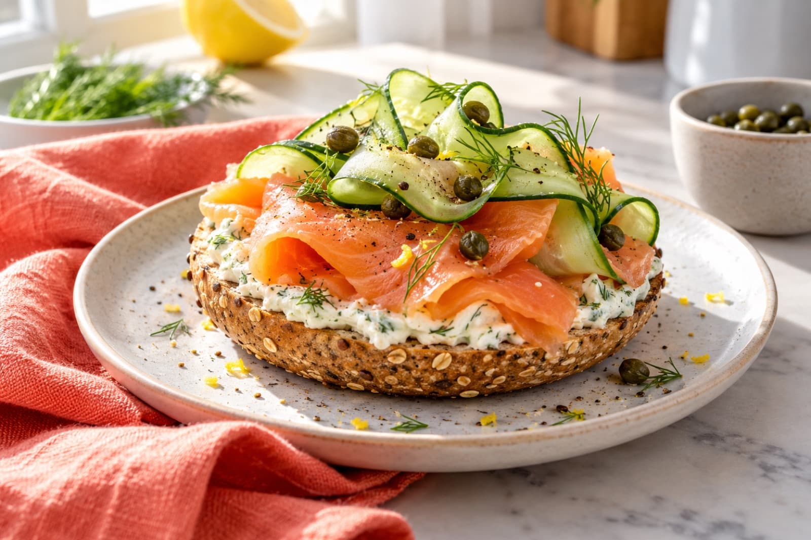 Photographic illustration of smoked salmon cucumber bagels