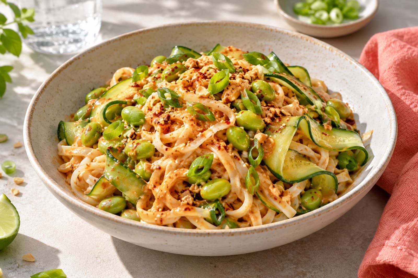 Photographic illustration of spicy peanut cucumber noodles