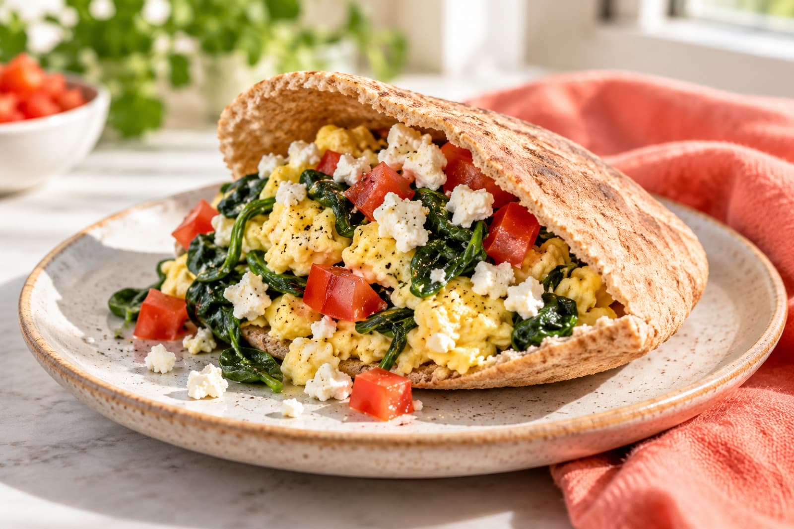 Photographic illustration of spinach & feta egg pitas