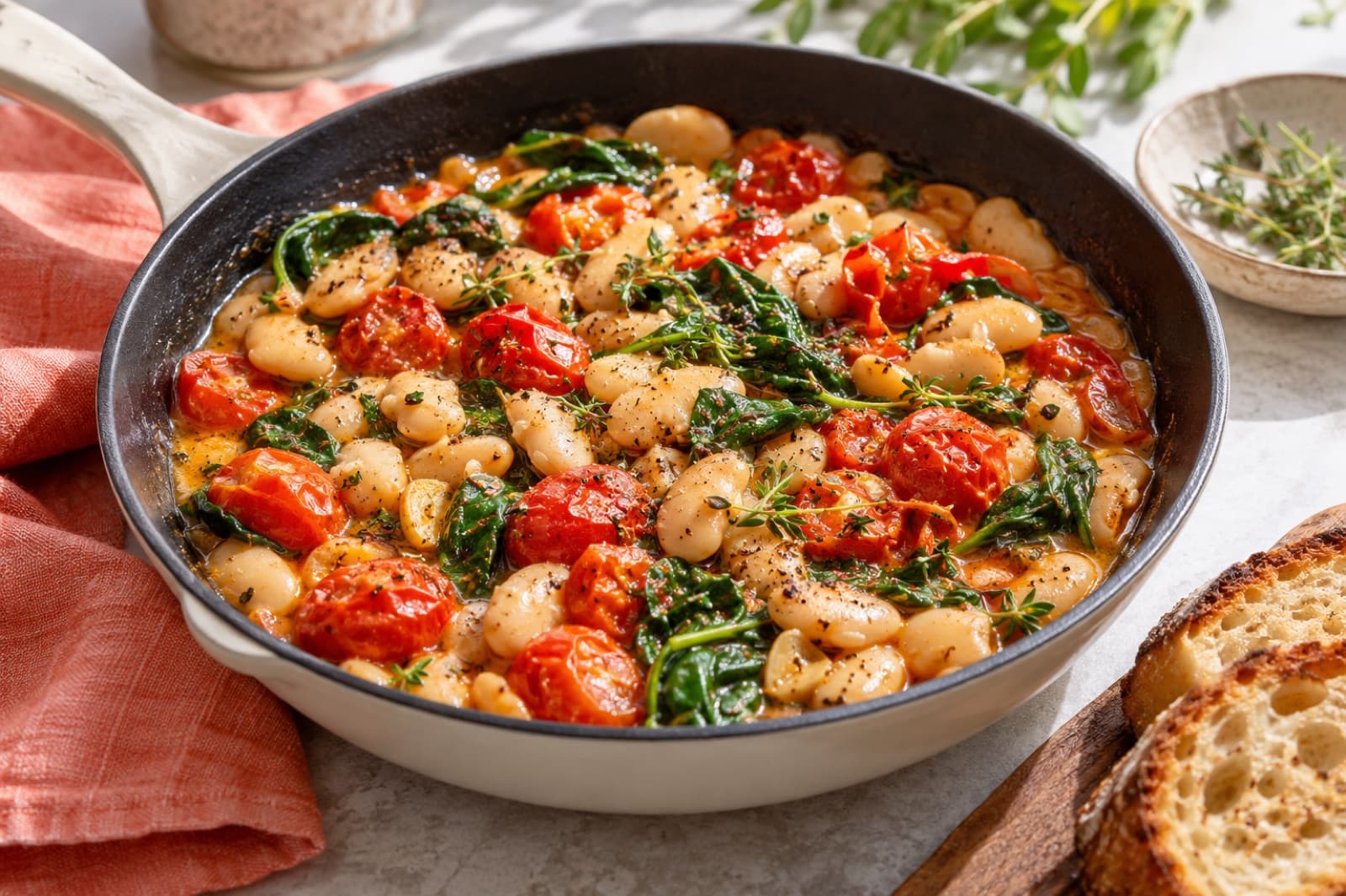 Photographic illustration of tomato butter bean skillet