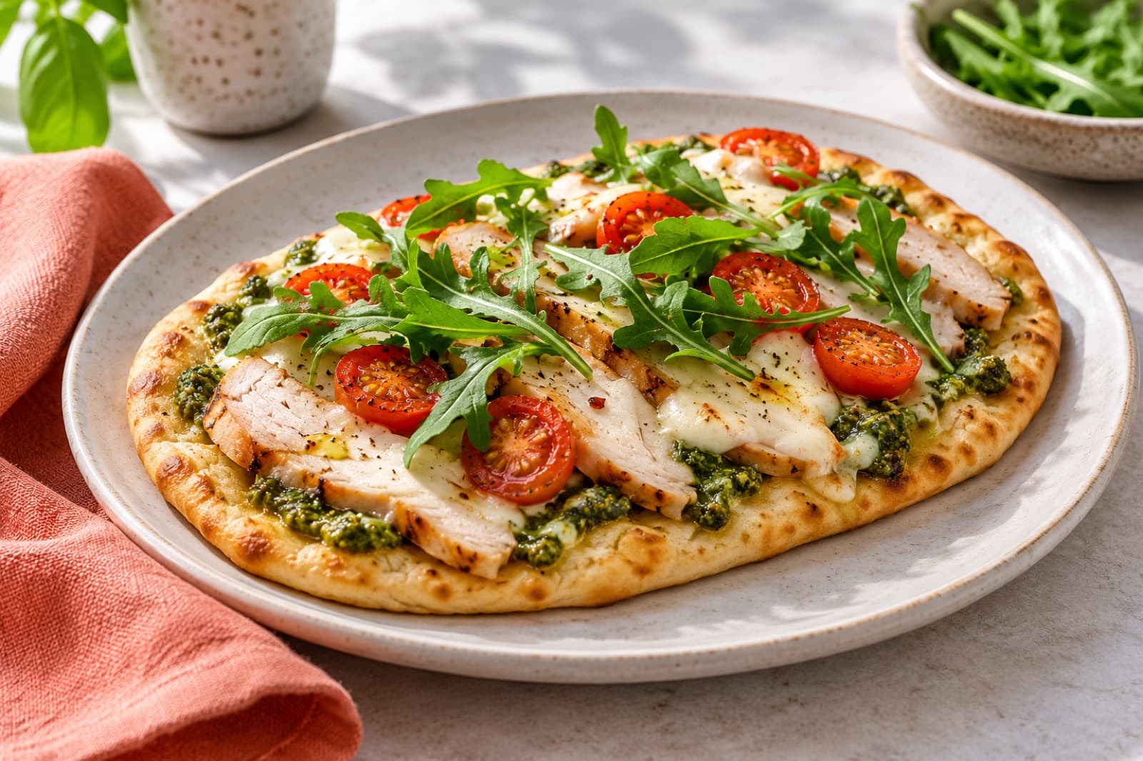 Photographic illustration of turkey pesto flatbread